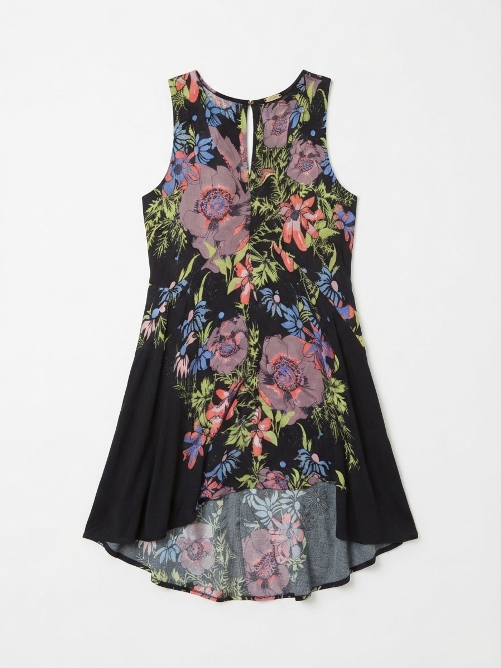 Free People Floral High Low Swing Dress Black Purple Coral Size S Boho Rayon